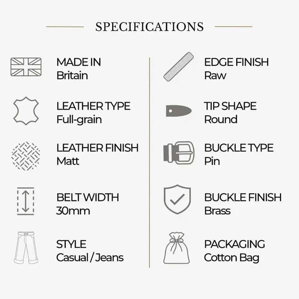 Product specifications for a belt on a white background