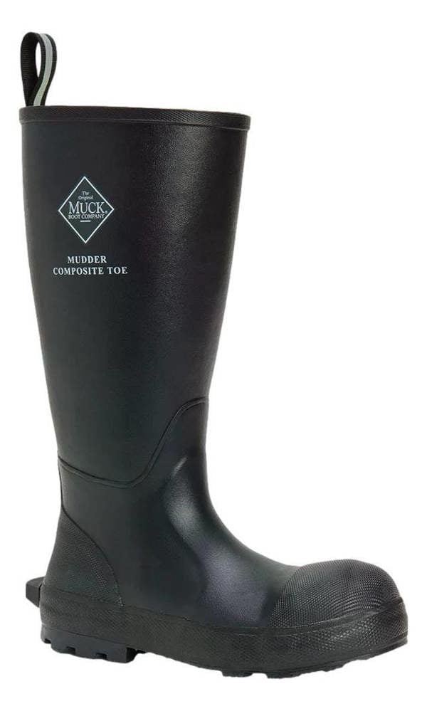 Muck Boots MUCK Boots Mudder S5 Mens Steel Toe Stable Farm Tall Wellington, black wellington boot with composite toe and slip-resistant sole.