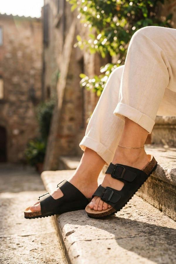 Harper Womens Double Buckle Cork Slide Sandals - BLACK