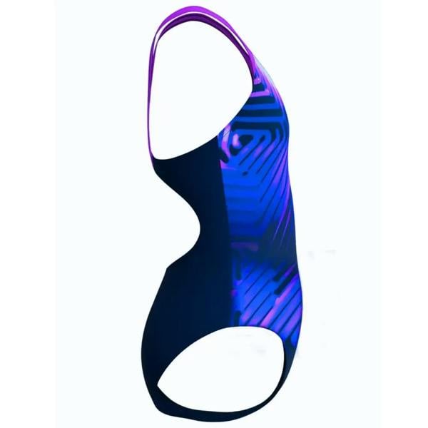 Speedo girls digital placement splashback swimsuit in navy pink with blue purple geometric pattern