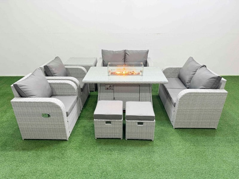 Fimous 8 Seater Outdoor Reclining Chair Love Sofa Set Rattan Garden Furniture Set with Fire Pit Dining Table 2 Stools Side Table Light Grey