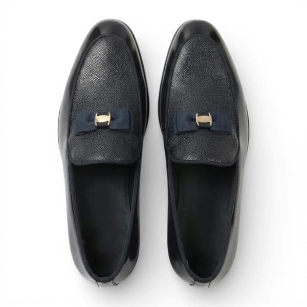 Dolcetto Mens Navy Blue Textured Front Iconic Buckle Bow Loafers Shoes