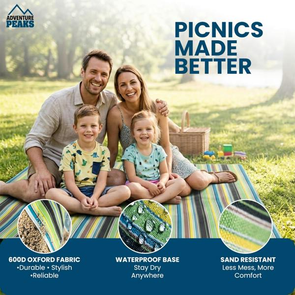ADVENTURE PEAKS Picnic Blanket 200x200cm – Foldable Picnic Mat with PVC Water Resistant Backing - Portable Beach Blanket