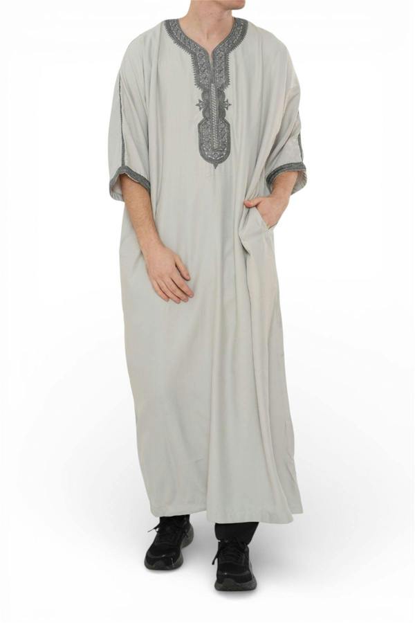 Infinity Leather Men's Moroccan Thobe Robe Djellaba Arab Short Sleeve Embroidery Gandoura Jubba