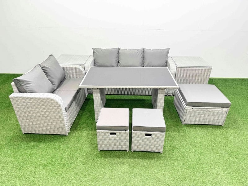 Fimous Garden Furniture Set PE Ratten Garden Sofa Set with Rectangular Dining Table 3 Stool 2 Side Tables Light Grey