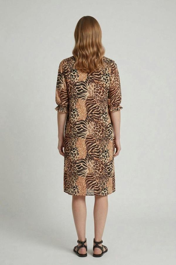 Brown | Animal Print 3/4 Sleeve Midi Smock Dress
