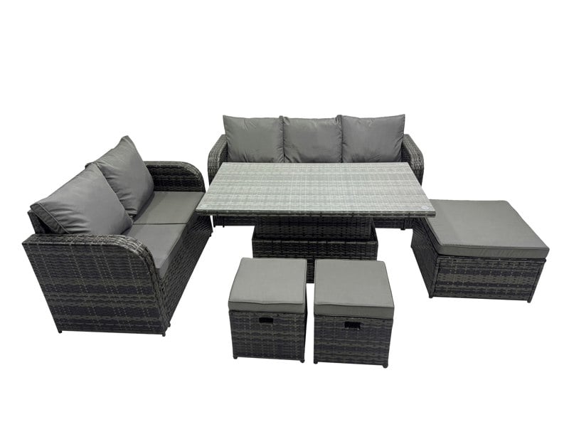 Fimous Rattan Garden Furniture Dining Set 8 seater Patio Height Adjustable Rising Lifting Table Sofa Set with 3 Footstools Dark Grey Mixed