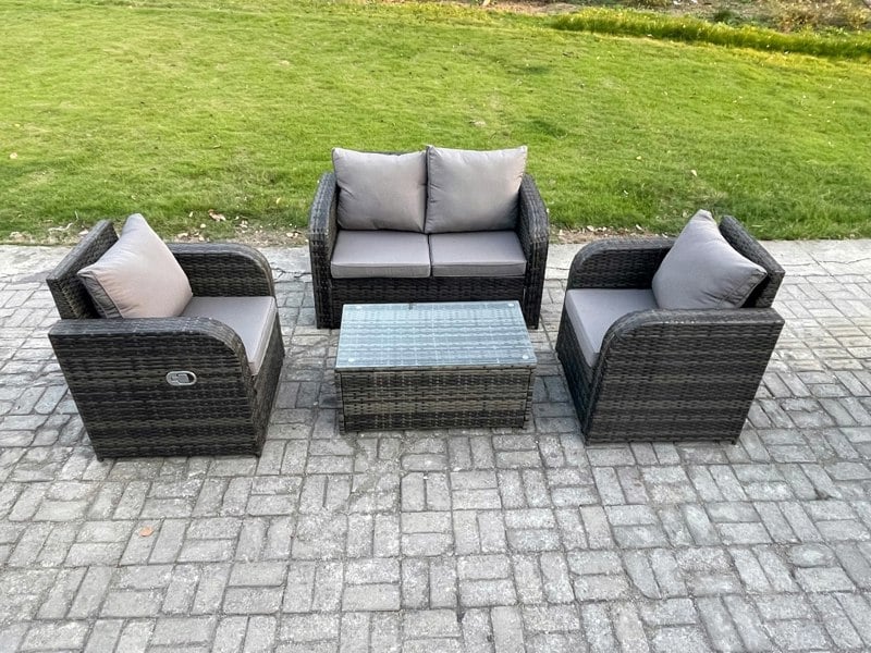 Fimous 4 PC Outdoor PE Rattan Garden Furniture Set Wicker Love Sofa Coffee Table 2 Armchair Dark Grey Mixed