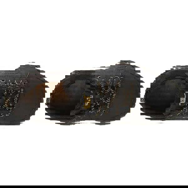 Caterpillar Instruct Mens Lace Up Casual Leather Trainer Shoes, black leather sneakers with lace-up closure and contrasting laces.