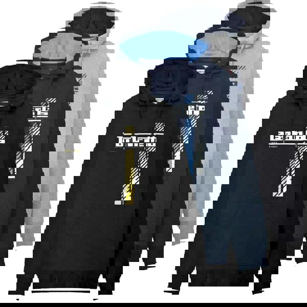 Lambretta Mens Racing Stripe Pull Over Sweatshirt Hooded Hoodie, three color options in black, navy blue, and grey with racing stripe design and Lambretta logo.