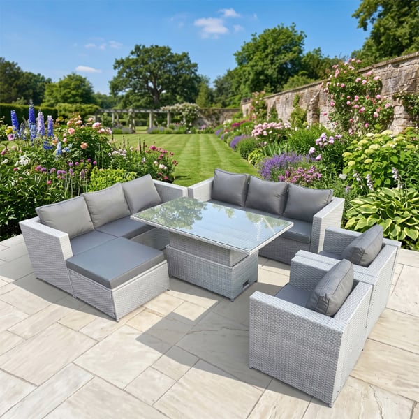 Fimous 9 Seater Rattan Garden Furniture Set with Height Adjustable Dining Table, 2 Sofas, 2 Chairs & Footstool - Light Grey