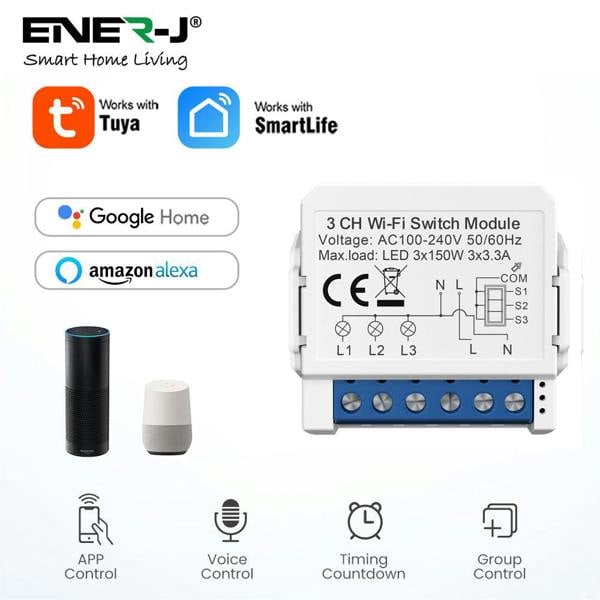 ENER-J Smart WiFi 3CH Switch Module, Converts Existing Switch to App & Voice Control, Works with Alexa & Google Assistant