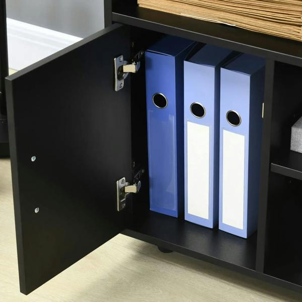 Black cabinet door open to reveal binder storage inside printer stand