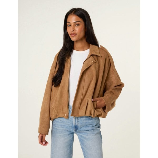 Blue Vanilla Suedette Puffball Jacket - Tan