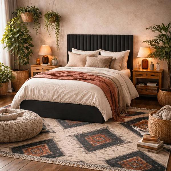 Wyld Haus Dublin Black Upholstered 4ft6 Double Ottoman Bed Tall Ribbed Headboard