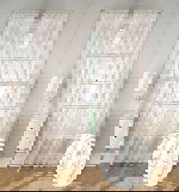 Tyrone Textiles Belle Embroidered Voile Panel with Floral Pattern on Linen-Look Fabric - Pair