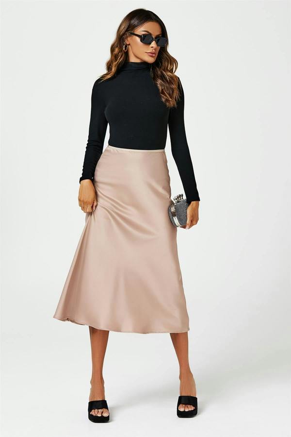 FS Collection Satin Midi Skirt In Light Brown