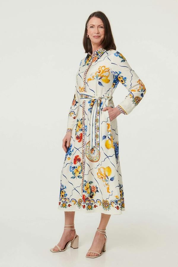 Beige | Printed Long Sleeve Maxi Shirt Dress