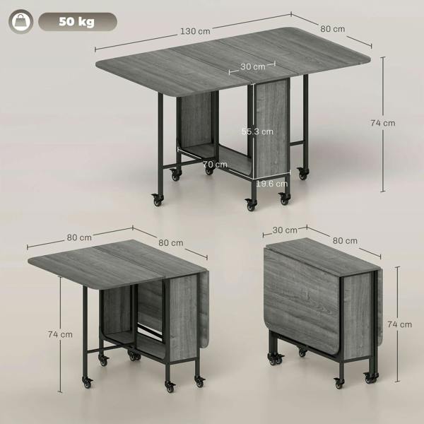 Grey drop-leaf dining table with black metal frame and caster wheels, dimensions shown