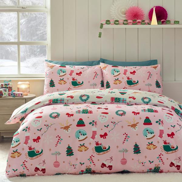 Catherine Lansfield Christmas Happy Holidays So Soft Reversible Duvet Cover Set Pink