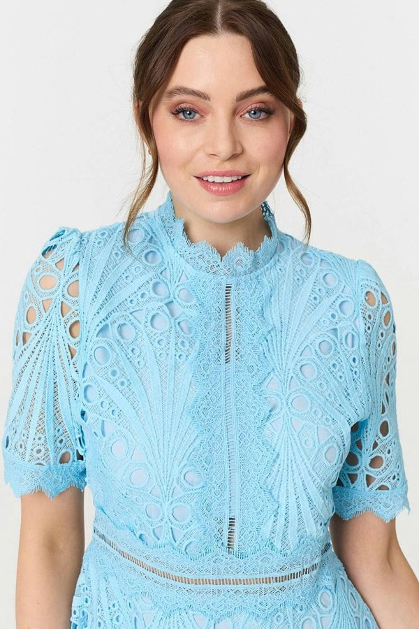 Blue | Floral Lace Cut Out Frilled Trim Midi Dress