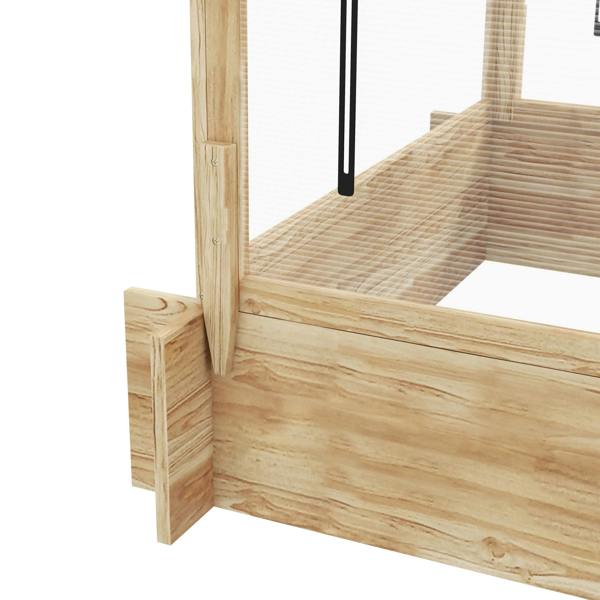 Wood greenhouse planter box corner with slatted floor panel and open frame