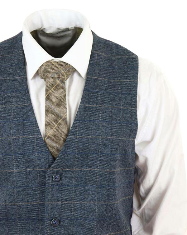 Marc Darcy Mens 3 Piece Blue Tweed Check Vintage Suit
