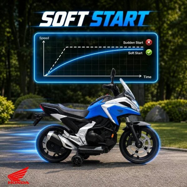 Licensed Honda 12V Kids Electric Motorbike with Training Wheels, Soft Start, Headlights, Music for 3-6 Years, Blue