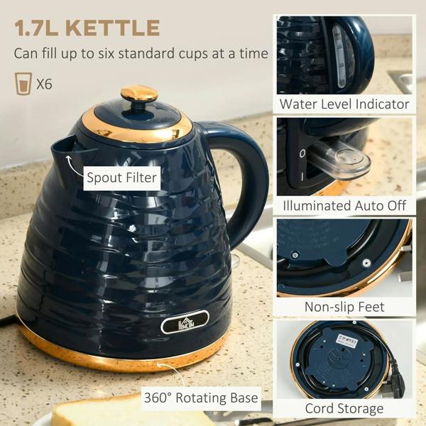 Blue 1.7L electric kettle with spout filter, water level indicator, and 360° base