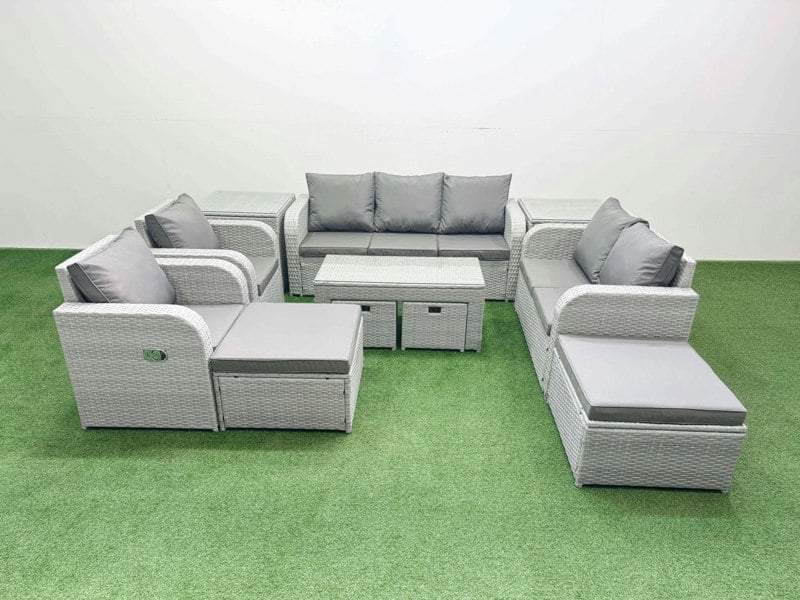 Fimous PE Wicker Rattan Furniture Sets with Oblong Coffee Table Love Sofa Reclining Chair 3 Seater Sofa 4 Stools 2 Side Tables Light Grey Mixed
