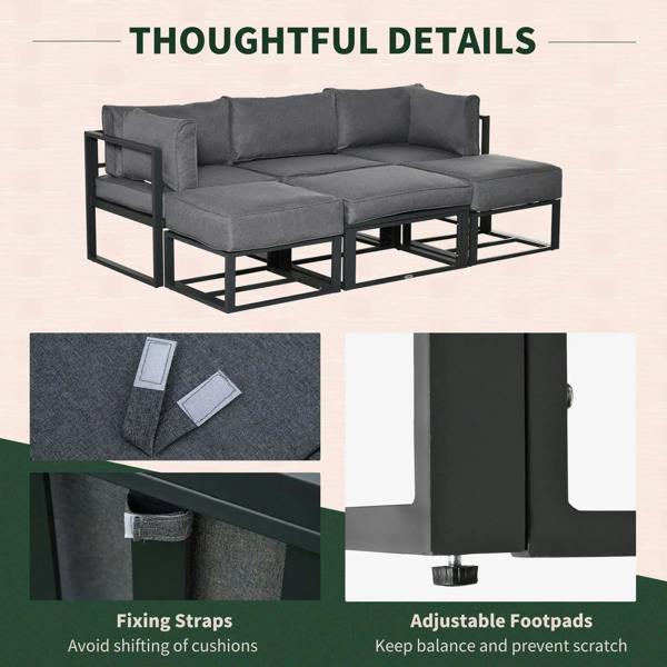 Grey outdoor daybed sofa with fixing straps and adjustable footpads