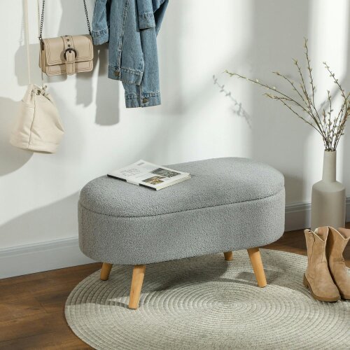 Wyld Haus Mael Boucle Light Grey Storage Ottoman Teddy Fleece Natural Wooden Legs