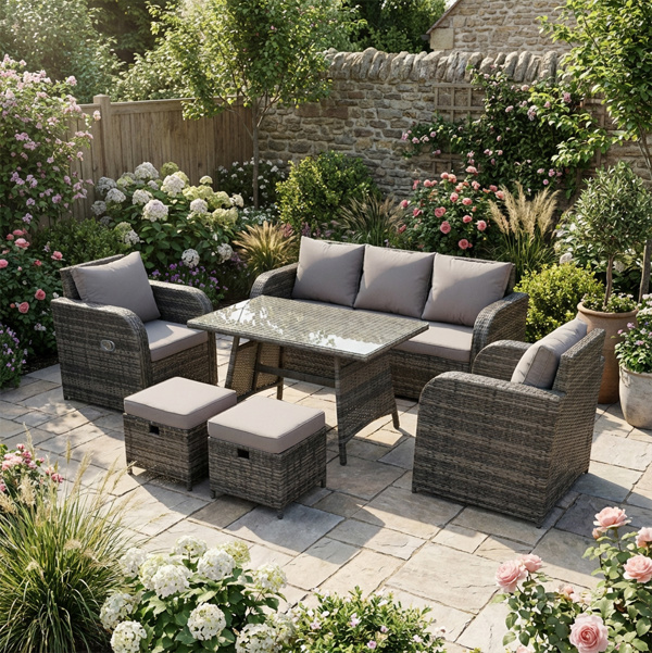 Fimous 7 Seater Rattan Garden Furniture Set with Dining Table, Sofa, 2 Reclining Chairs, 2 Footstools - Dark Grey