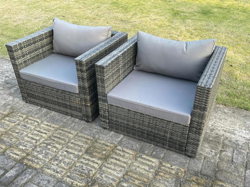 Fimous 2 PC Outdoor Rattan Single Sofa Chair Garden Furniture With Seat and Back Cushion Dark Grey Mixed