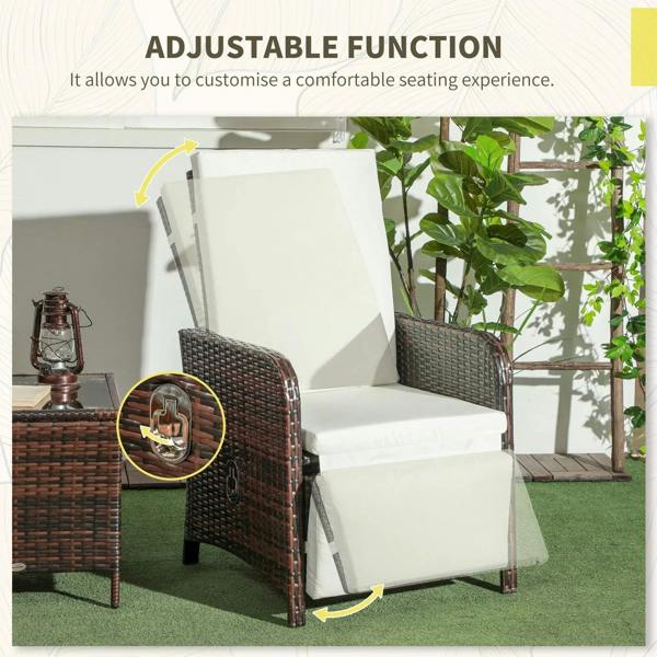 Adjustable rattan bistro chair with cream cushion, showing a reclined seating position