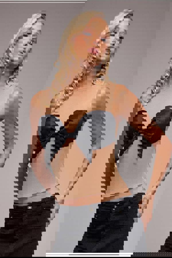 Nude Mesh Sleeveless Taffeta Bow Top - Black T236