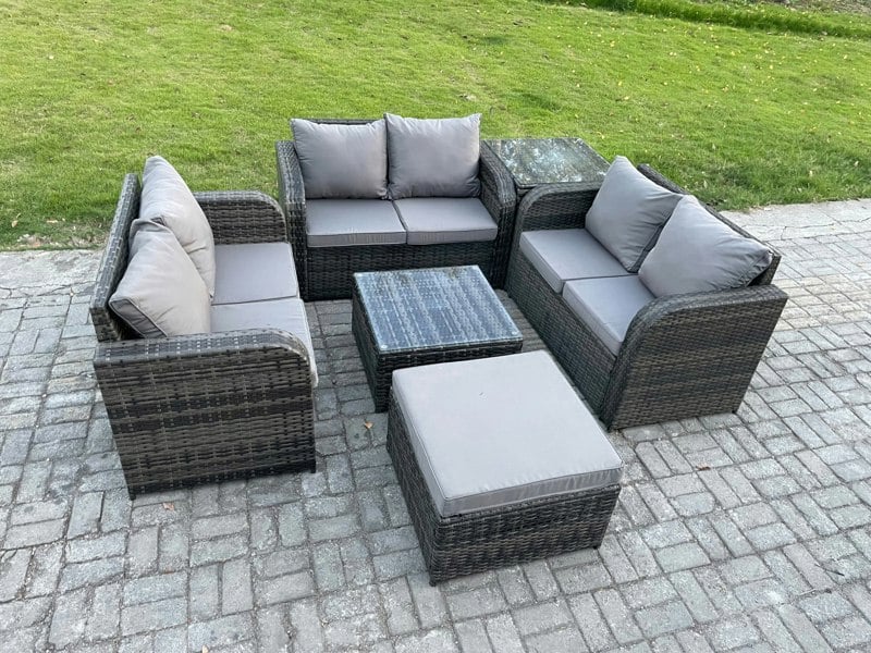 Fimous Outdoor Garden Furniture Sets 7 Seater Wicker Rattan Furniture Sofa Sets with Square Coffee Table Love seat Sofa Big Footstool Side Table