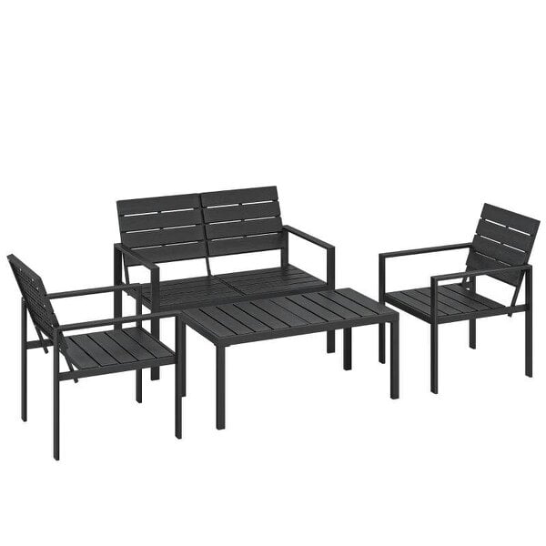 4 Piece Garden Furniture Set, Outdoor Sofa Set with HDPE Slatted Loveseat Armchairs Coffee Table Metal Frame, Black