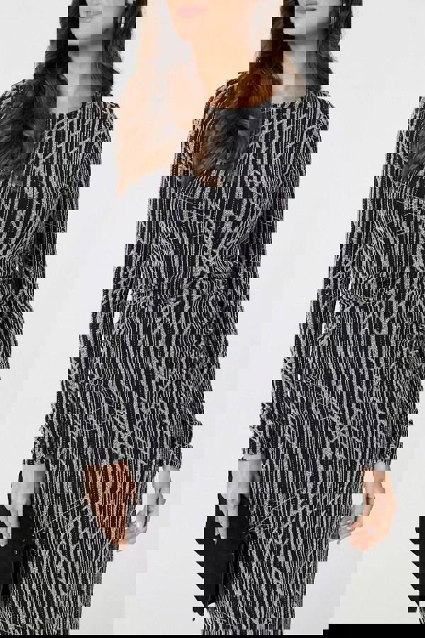 Silver | Abstract Print Long Sleeve Ruched Midi Dress