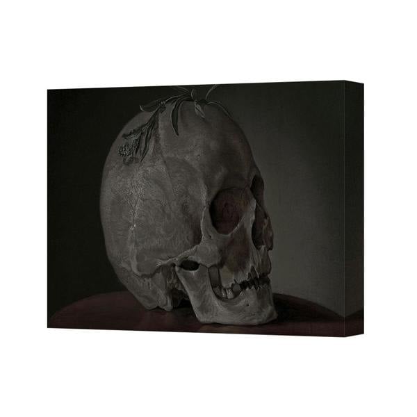Benjamin Tate Design Dark Skull Still Life Canvas Print With Subtle Floral Accents