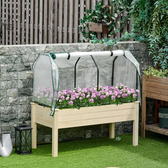 Outsunny Raised Garden Bed w/ PE Cover Patio Elevated Wood Planter Box Natural - Natural