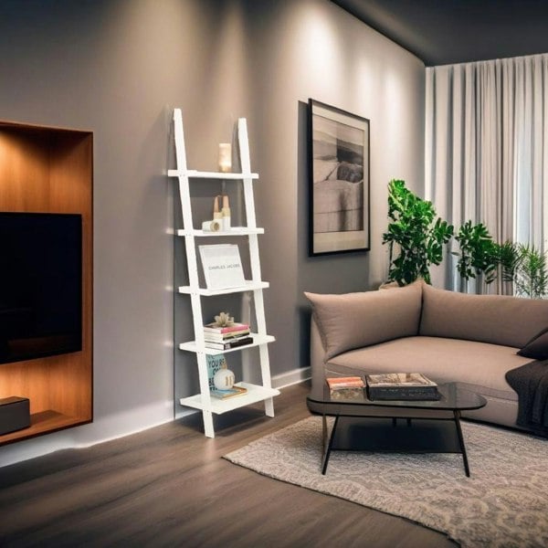 Modcraft 5-Tier White Ladder Shelf - Leaning Storage Bookcase