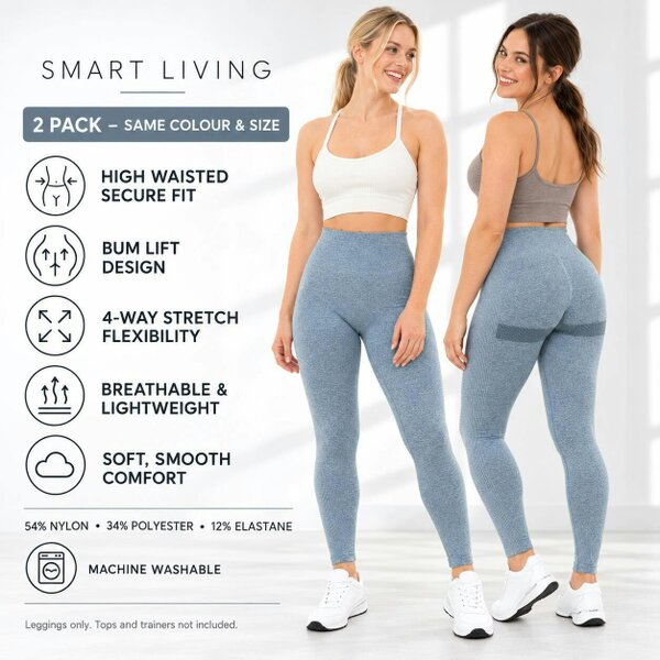 Smart Living Ladies Solid Marl with Bum Lift Leggings - Blue Marl - Pair of 2