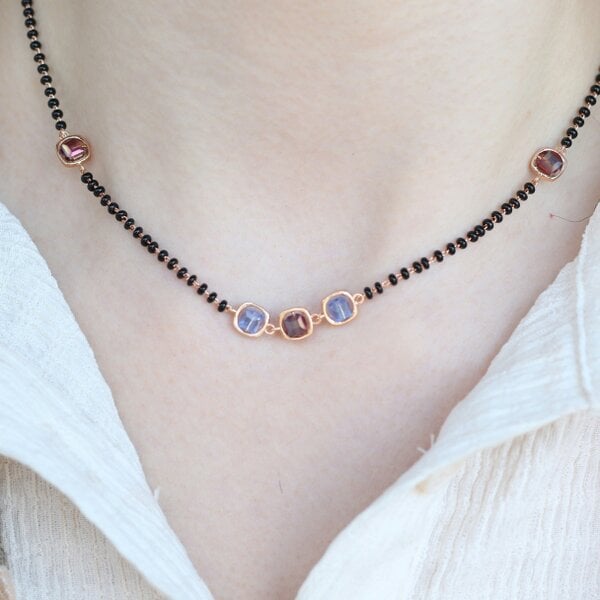 The Colourful Aura Black bead 18ct gold plated blue stone slim mangalsutra Pendant Necklace