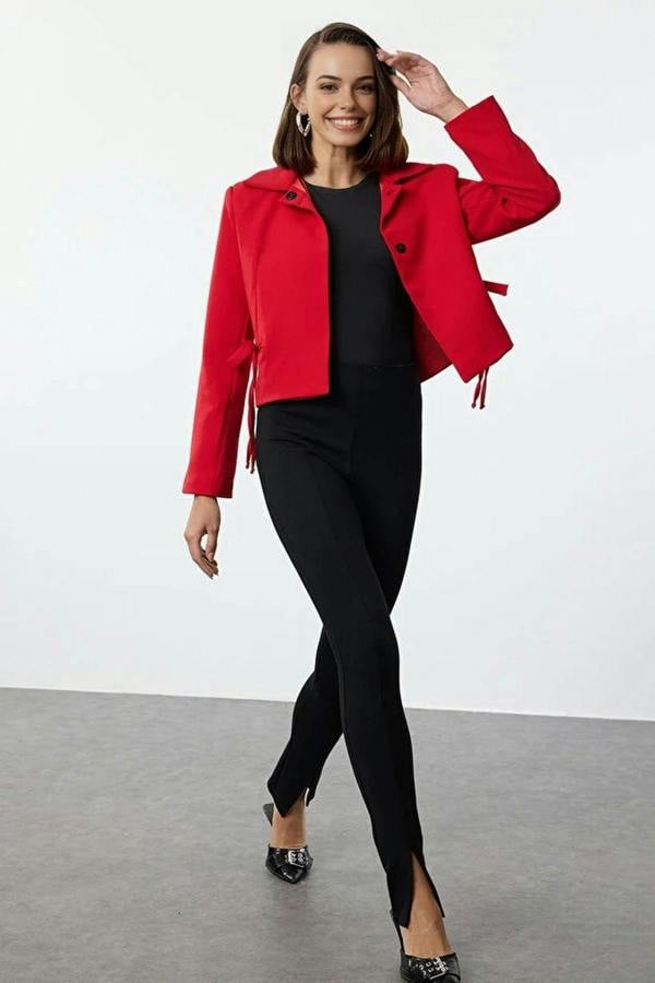 WOVCOR Ribbon Detail Shirt Collar Crop Woven  Blazer Jacket