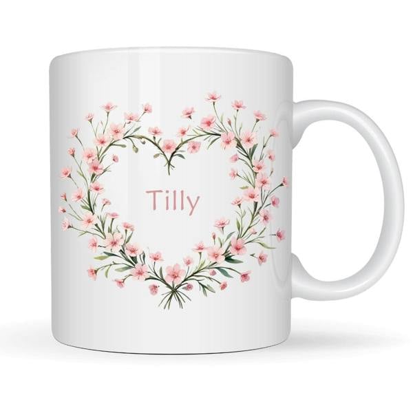 Personalised Pink Flower Heart Name Mug Gift | Sister Daughter Mum