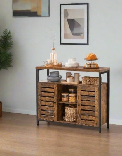 Modcraft Rustic Floor Standing Cabinet with Louvred Doors – Kitchen Storage Cupboard with Shelves, Industrial Style