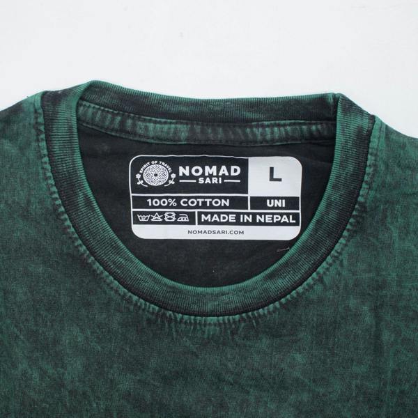 Green cotton T-shirt neckline with size and fabric label
