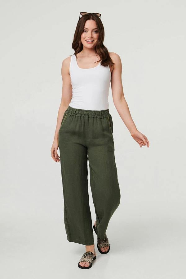 Khaki | High Waist Wide Ankle Length Trousers : Model is 5'9"/175 cm and wears UK8/EU36/US4/AUS8