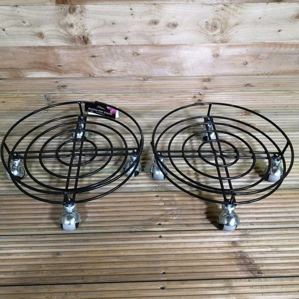 Samuel Alexander 2 Pack Heavy Duty Round Metal GardenPlant Flower Pot Stand Trolley Dolly on Strong Metal Castor Wheels 37cm - Black